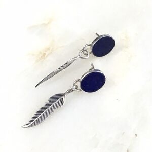Vintage 80s Sterling Silver Lapis Lazuli Feather Earrings